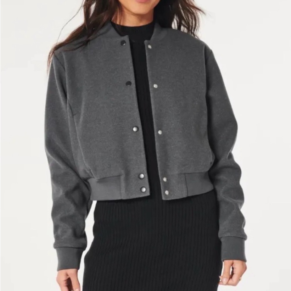 Hollister NWT Gray Varsity Bomber Viscose Cropped Button up Women's Jacket XS